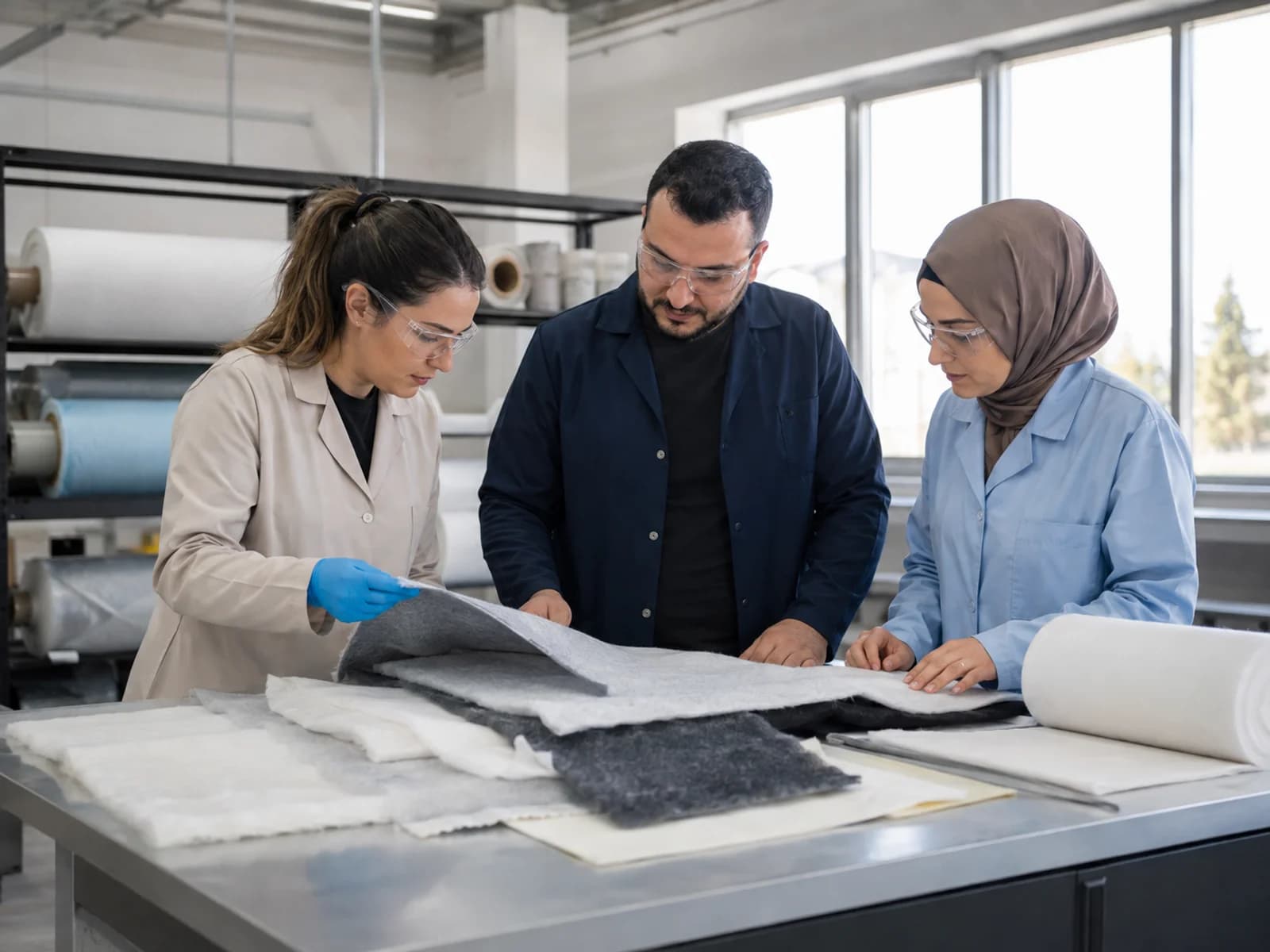 Tekstil numunelerini birlikte inceleyen üç çalışanın temsili ekip çalışması sahnesi