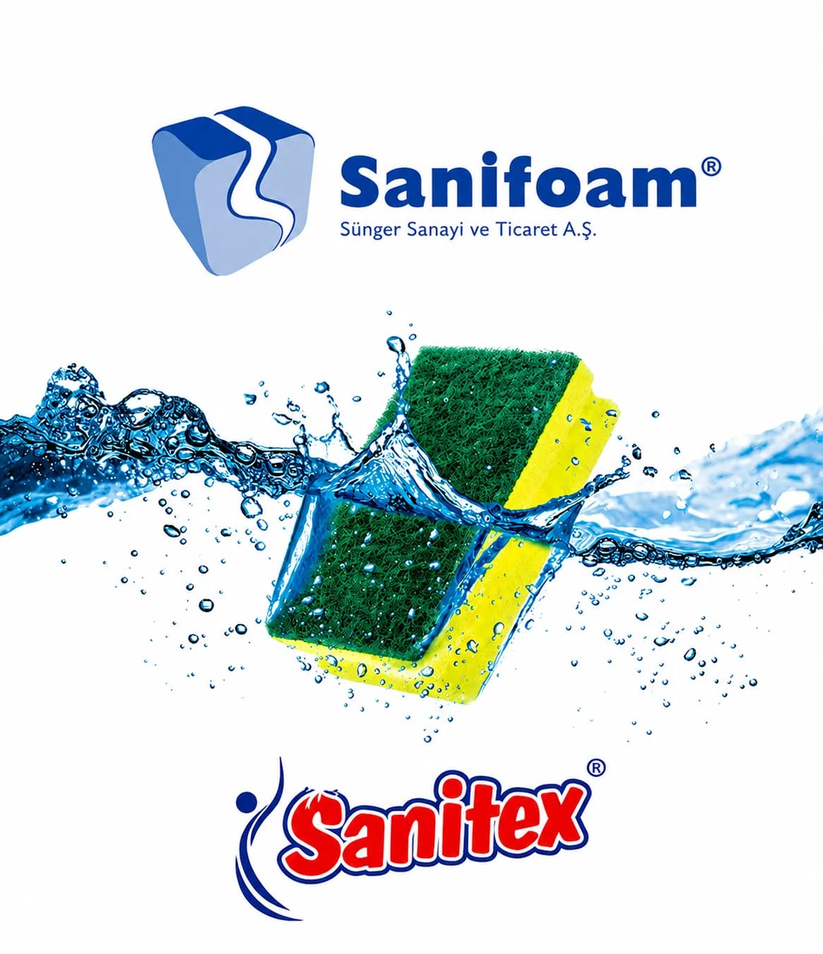 Sanifoam ve Sanitex logoları ile temizlik süngeri bulunan katalog kapağı