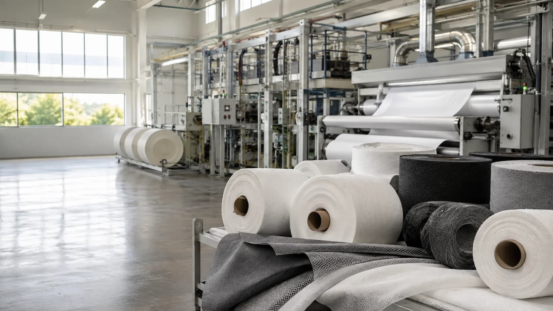 Modern bir tekstil üretim ortamında nonwoven malzeme ruloları
