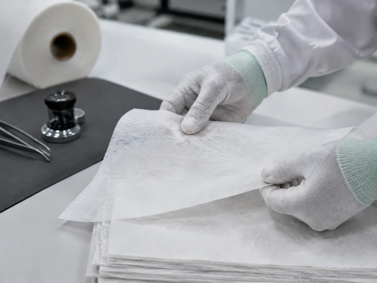 Eldivenli ellerle nonwoven tekstil numunesinin incelenmesi
